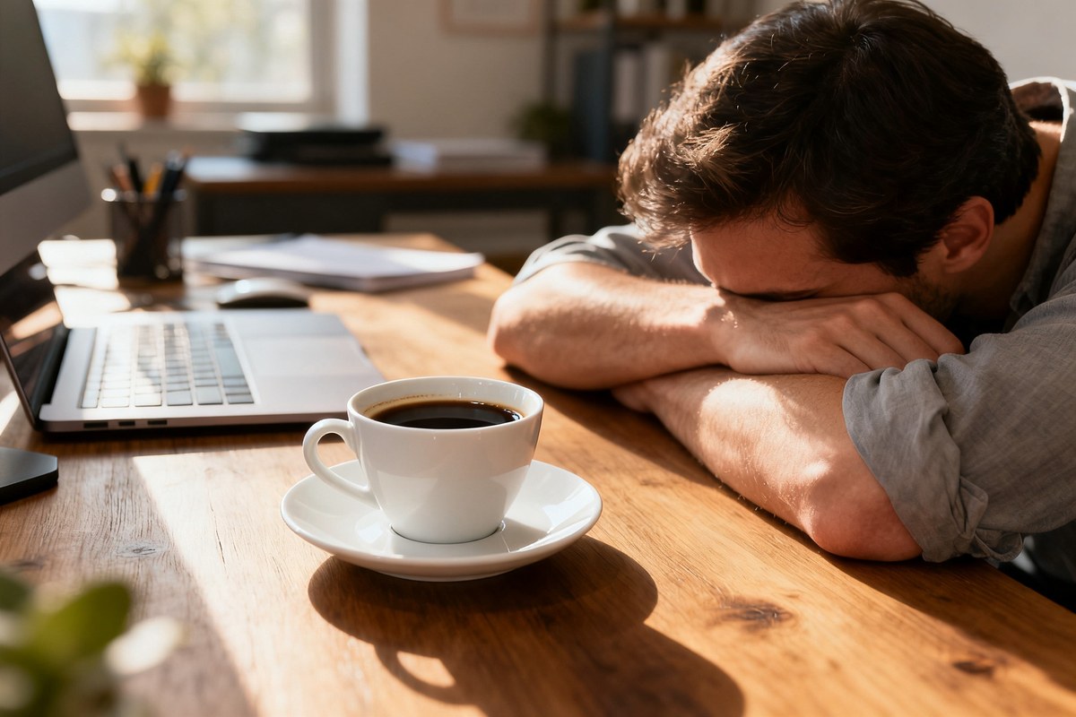 Tasse de café sur un bureau, une personne assoupie la tête posée sur les bras dans la lumière de l'après-midi