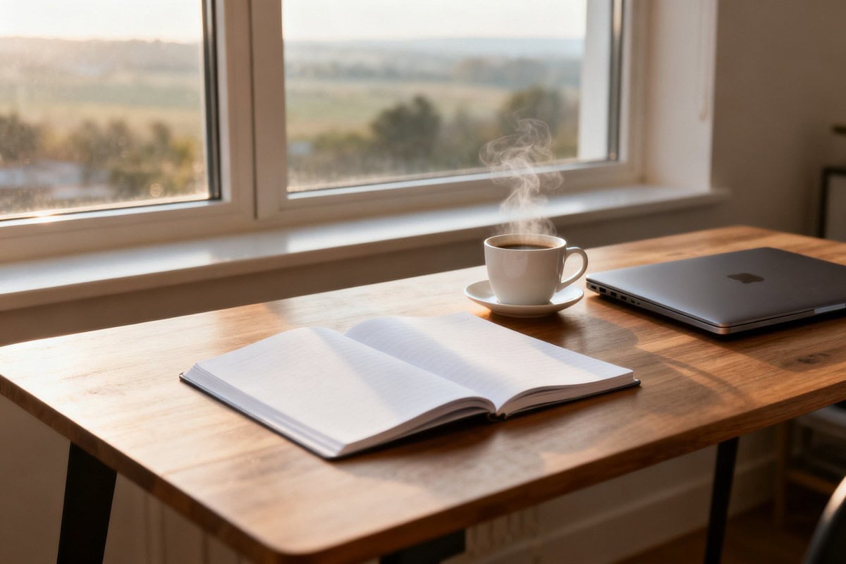 Bureau en bois épuré près d'une fenêtre, carnet ouvert, tasse de café et ordinateur portable fermé au matin.