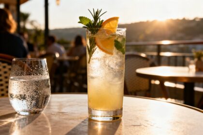 Mocktail garni d'orange et de menthe et verre d'eau pétillante sur une table de terrasse ensoleillée
