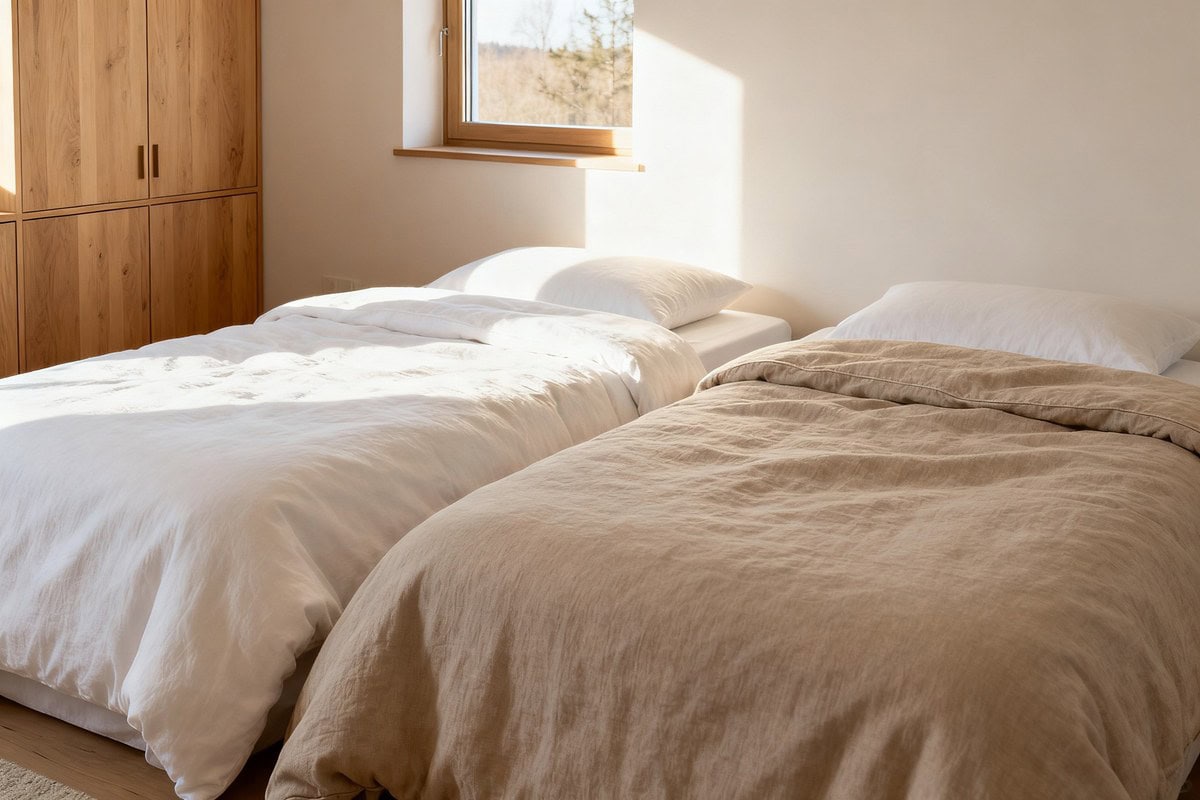 Lit double dressé avec deux couettes individuelles côte à côte dans une chambre nordique au petit matin.