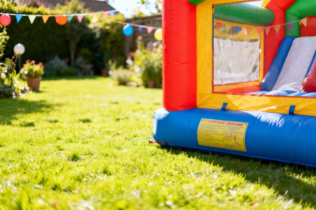 Château gonflable coloré installé sur une pelouse dans un jardin ensoleillé lors d'une fête