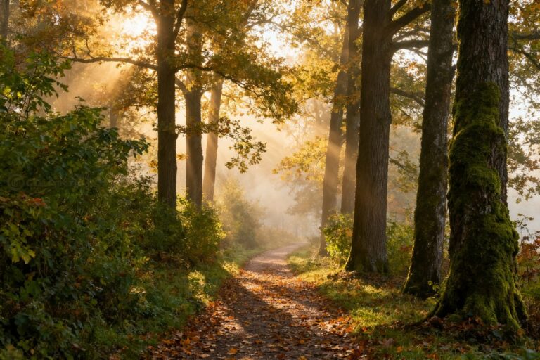 Rayons de soleil filtrant entre les arbres d'une forêt de feuillus au-dessus d'un sentier couvert de feuilles