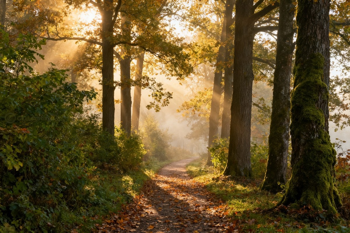 Rayons de soleil filtrant entre les arbres d'une forêt de feuillus au-dessus d'un sentier couvert de feuilles