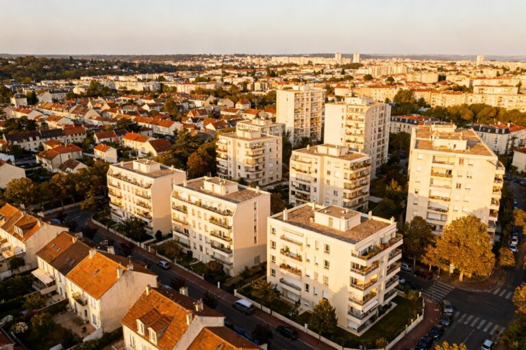 Vue aérienne d'une ville résidentielle française avec maisons et immeubles au coucher du soleil