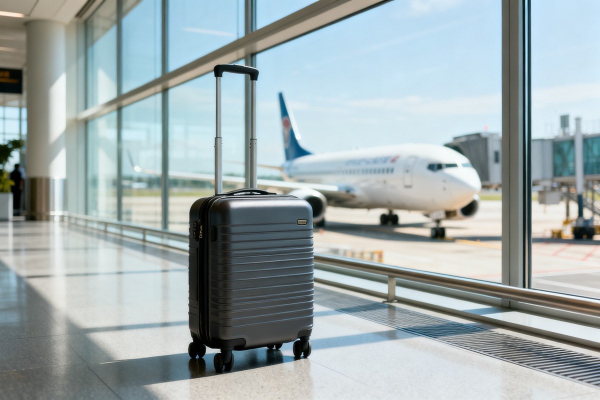 Une petite valise cabine posée au sol dans un hall d'aéroport lumineux, un avion visible par la baie vitrée.