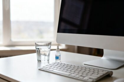 Bureau lumineux avec un écran d'ordinateur, un verre d'eau et un flacon de gouttes oculaires