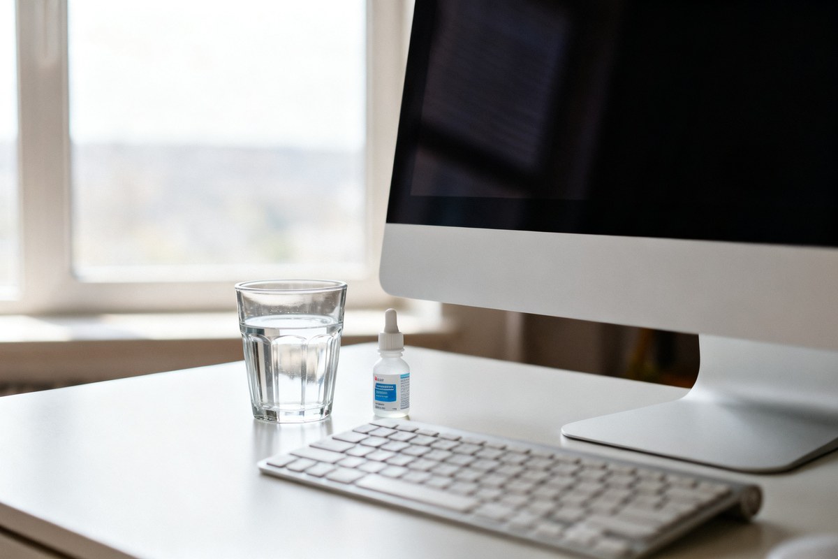 Bureau lumineux avec un écran d'ordinateur, un verre d'eau et un flacon de gouttes oculaires
