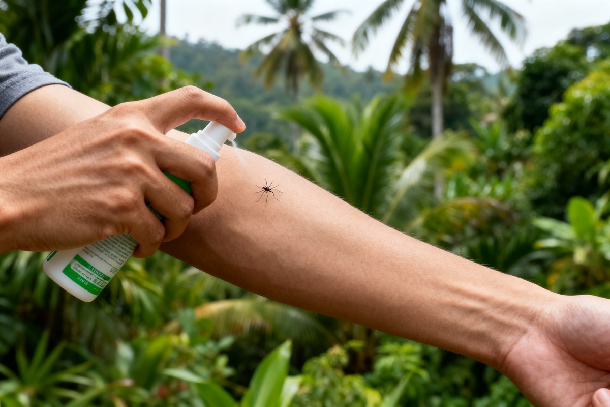 Application de répulsif anti-moustiques sur un bras avec une végétation tropicale en arrière-plan