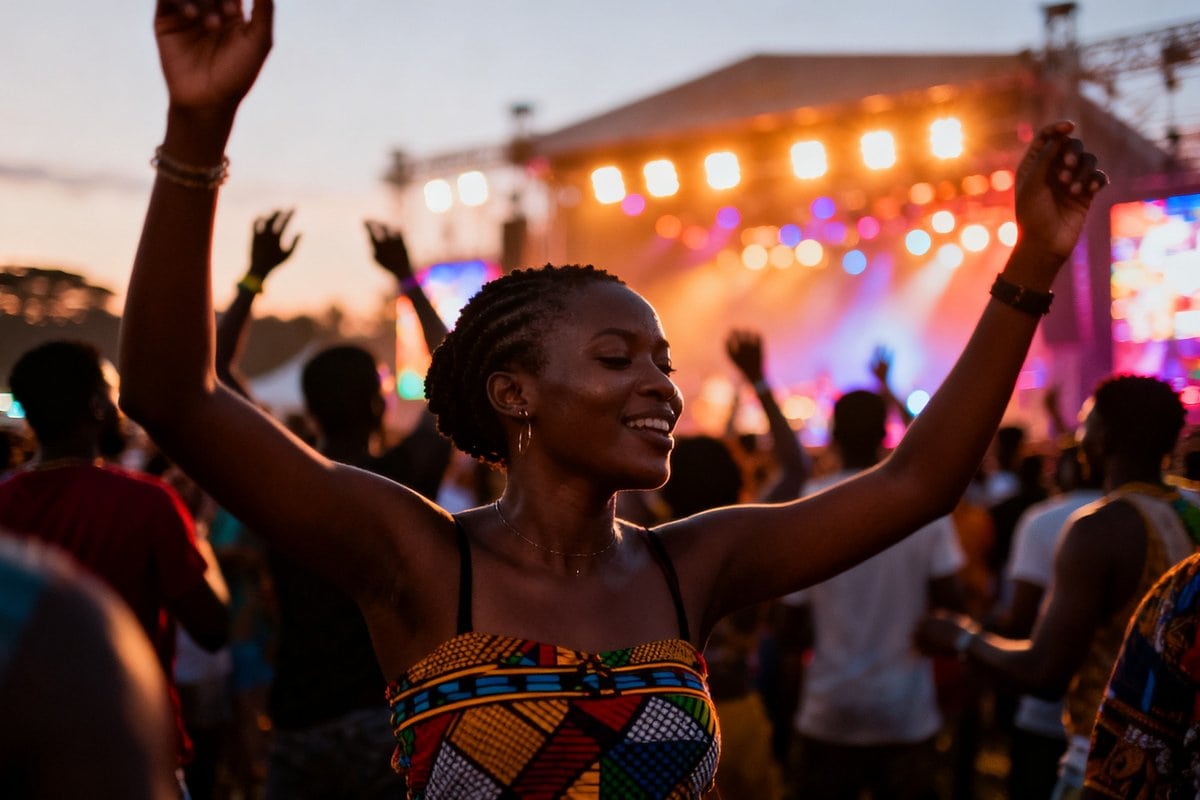 Une jeune femme danse, bras levés, dans la foule d'un festival de musique en plein air au crépuscule.