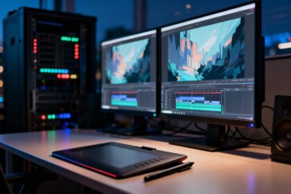 Poste de travail d'un studio d'animation la nuit, deux écrans affichant un montage vidéo
