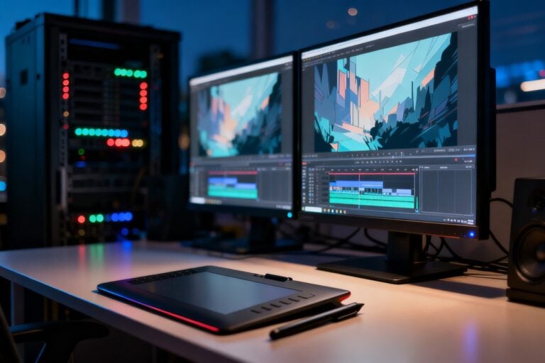 Poste de travail d'un studio d'animation la nuit, deux écrans affichant un montage vidéo