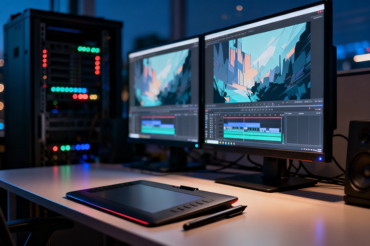 Poste de travail d'un studio d'animation la nuit, deux écrans affichant un montage vidéo