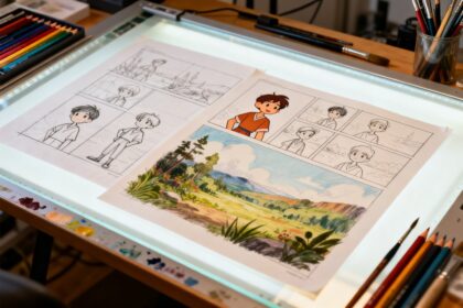 Table lumineuse d'animateur avec des croquis de personnages dessinés à la main et une aquarelle de paysage