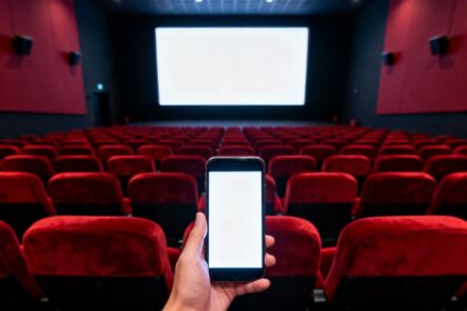 Salle de cinéma vide aux fauteuils rouges, écran blanc allumé et smartphone filmant au premier plan