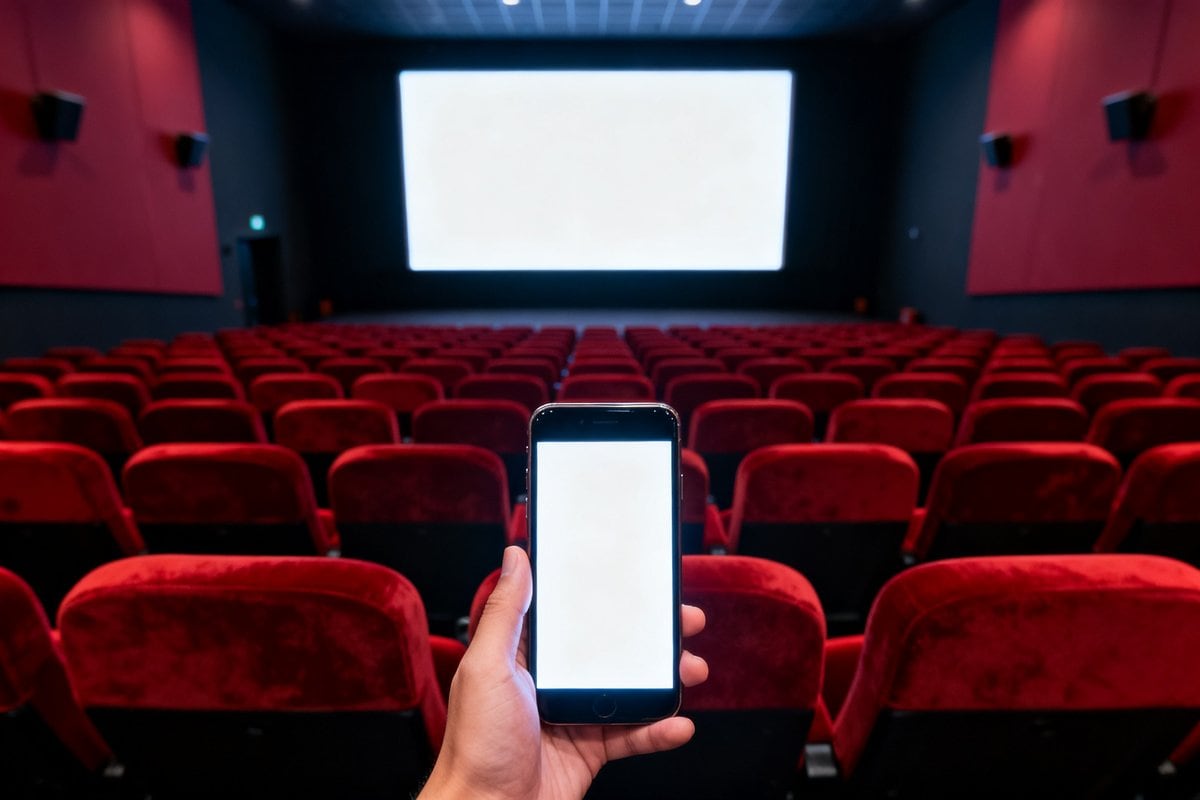 Salle de cinéma vide aux fauteuils rouges, écran blanc allumé et smartphone filmant au premier plan