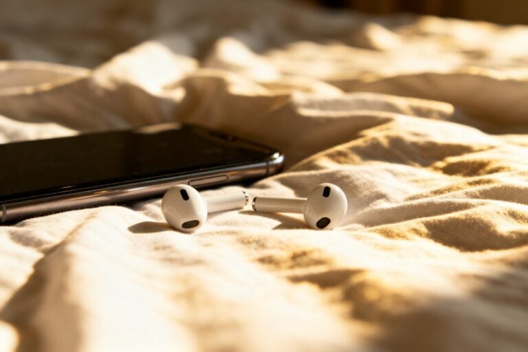 Écouteurs sans fil et smartphone posés à plat sur un drap froissé, lumière du matin