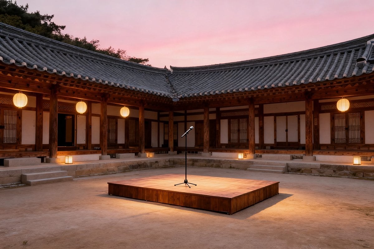 Cour intérieure d'une demeure traditionnelle coréenne au crépuscule, avec une petite scène en bois et un micro sous des lanternes.