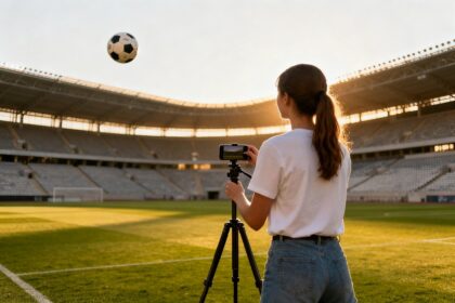 Créatrice de contenu filmant un défi football avec un smartphone dans un stade vide