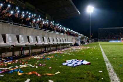 Maillot abandonné sur la pelouse d'un stade la nuit, confettis au sol et spectateurs filmant avec leurs téléphones.