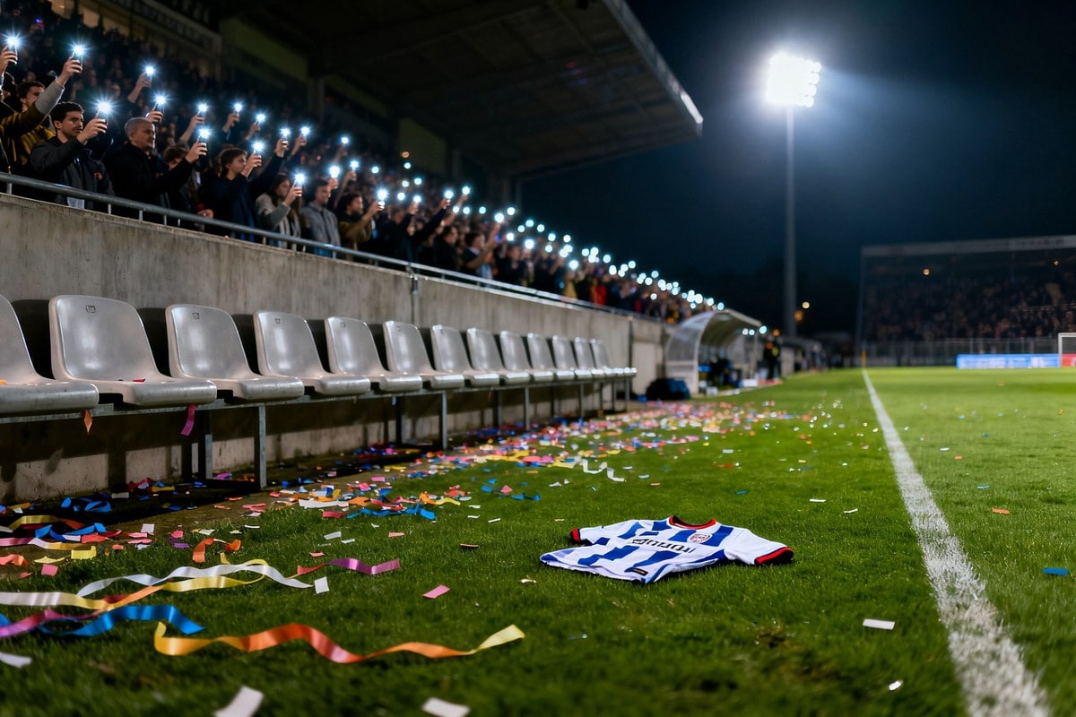 Maillot abandonné sur la pelouse d'un stade la nuit, confettis au sol et spectateurs filmant avec leurs téléphones.
