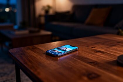 Un smartphone posé sur une table affiche une vidéo verticale, écran lumineux dans une pièce sombre le soir.