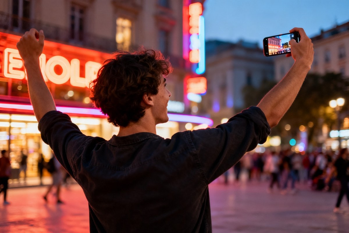Une personne se filme en dansant avec joie, smartphone en main, sur une place urbaine animée éclairée de néons.