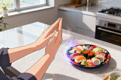 Mains dessinées façon anime formant un signe au-dessus d'un plan de travail, un plateau de sushis surgissant à côté.