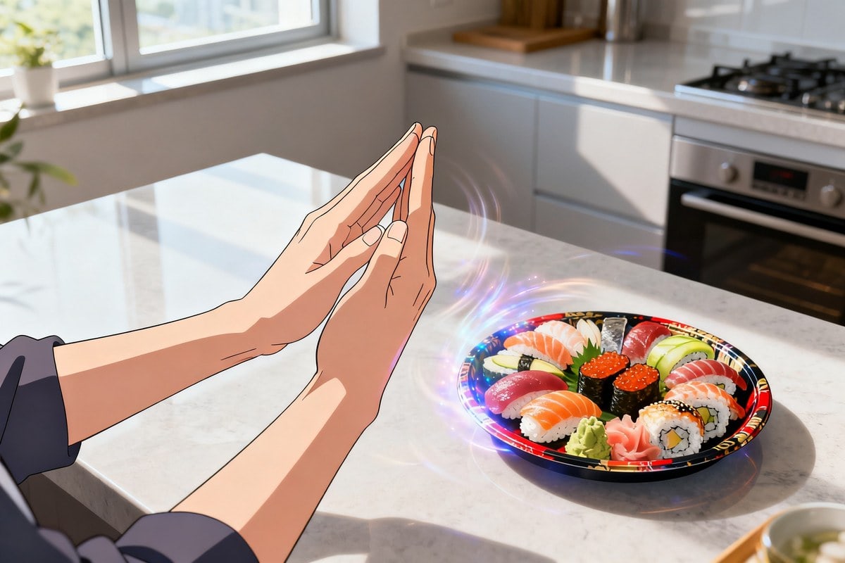 Mains dessinées façon anime formant un signe au-dessus d'un plan de travail, un plateau de sushis surgissant à côté.