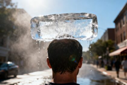 Un gros bloc de glace posé sur la tête d'un passant dans une rue en pleine canicule.