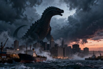 Créature marine géante dressée au-dessus d'un port et des gratte-ciel d'une ville, au crépuscule sous un ciel d'orage