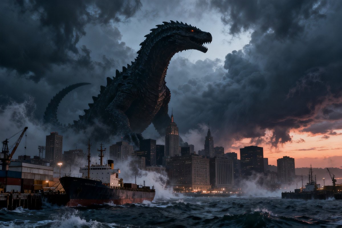 Créature marine géante dressée au-dessus d'un port et des gratte-ciel d'une ville, au crépuscule sous un ciel d'orage