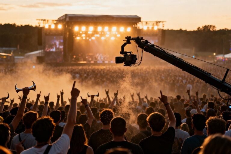 Foule d'un festival de metal en plein air au crépuscule, devant une grande scène éclairée