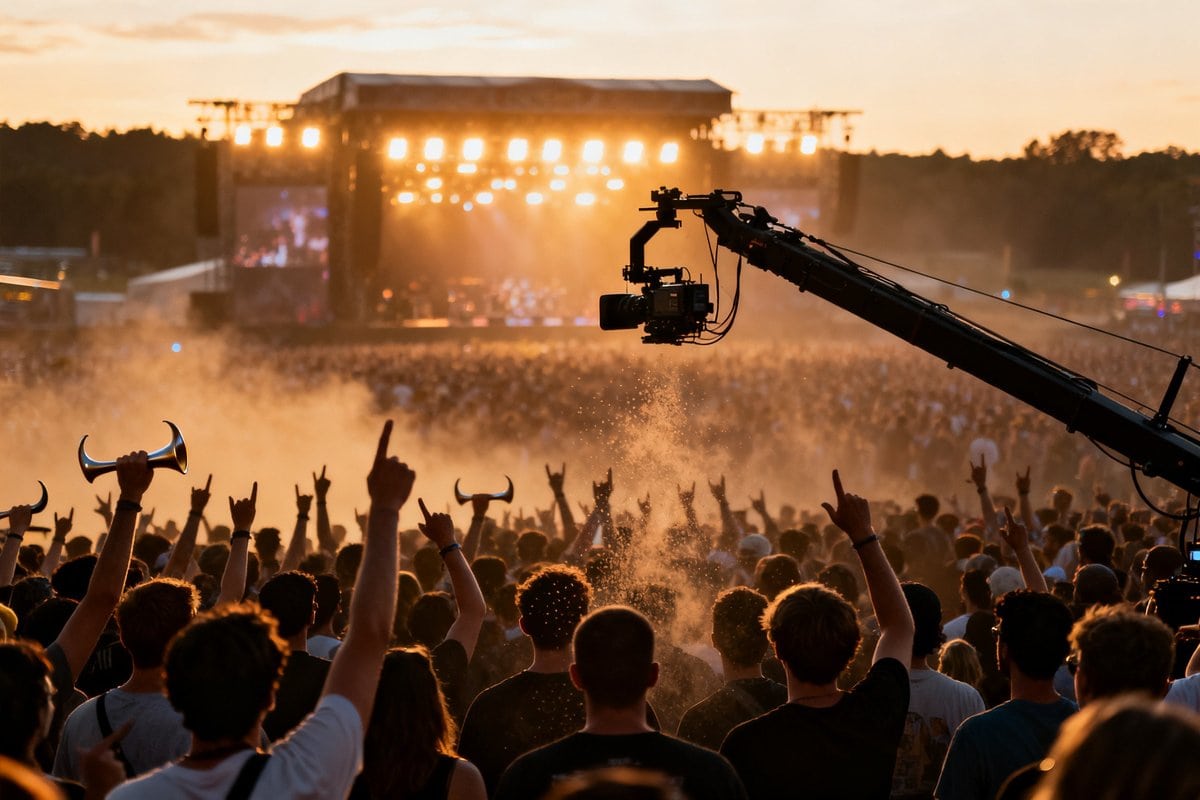 Foule d'un festival de metal en plein air au crépuscule, devant une grande scène éclairée