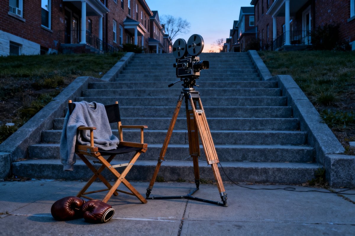 Caméra de cinéma ancienne sur trépied devant un escalier de pierre, gants de boxe et sweat gris au premier plan