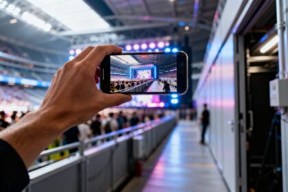 Une main brandit un smartphone filmant la scène et la foule d'un stade depuis un couloir illuminé