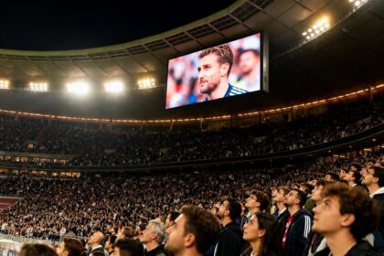 Écran géant d'un stade la nuit affichant le visage d'un spectateur, foule tournée vers l'écran