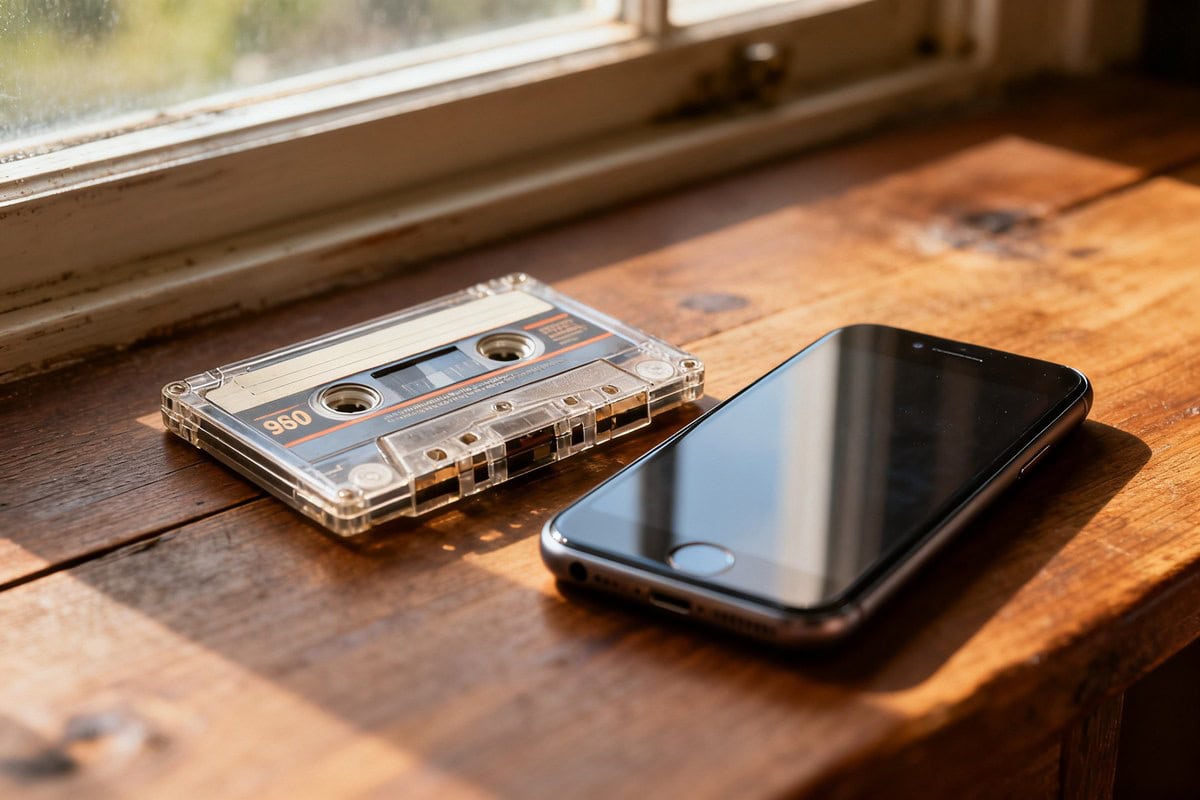 Une cassette audio des années 1980 posée à côté d'un smartphone sur une table en bois.