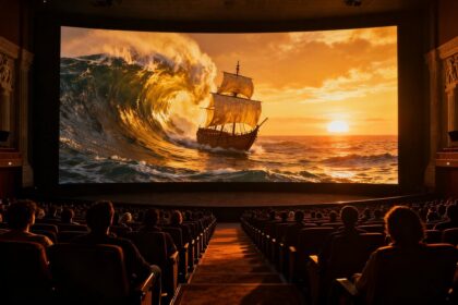 Salle de cinéma comble vue de dos, face à un écran géant où un voilier affronte une vague immense au coucher du soleil