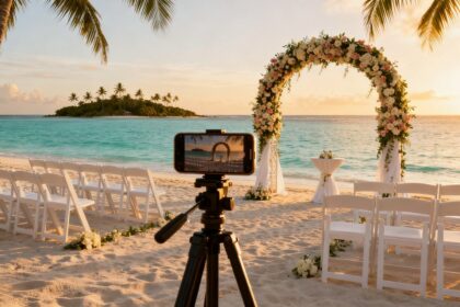 Un smartphone sur trépied filme une arche fleurie et des chaises blanches sur une plage tropicale au coucher du soleil