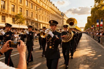 Fanfare militaire jouant des cuivres sur une avenue parisienne, spectateurs filmant avec leurs téléphones