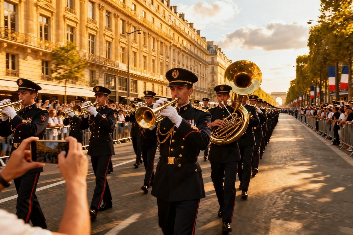 Fanfare militaire jouant des cuivres sur une avenue parisienne, spectateurs filmant avec leurs téléphones