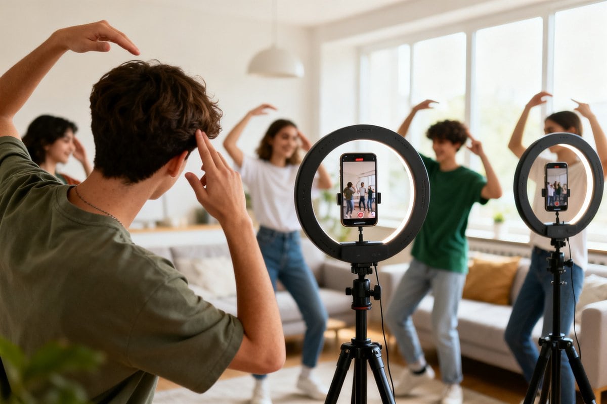 Des jeunes filment une vidéo de danse avec leurs smartphones sur trépieds à anneau lumineux, mains levées près de la tête.