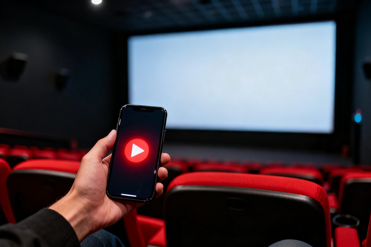Une main tient un smartphone affichant un bouton de lecture rouge, dans une salle de cinéma sombre aux sièges rouges.