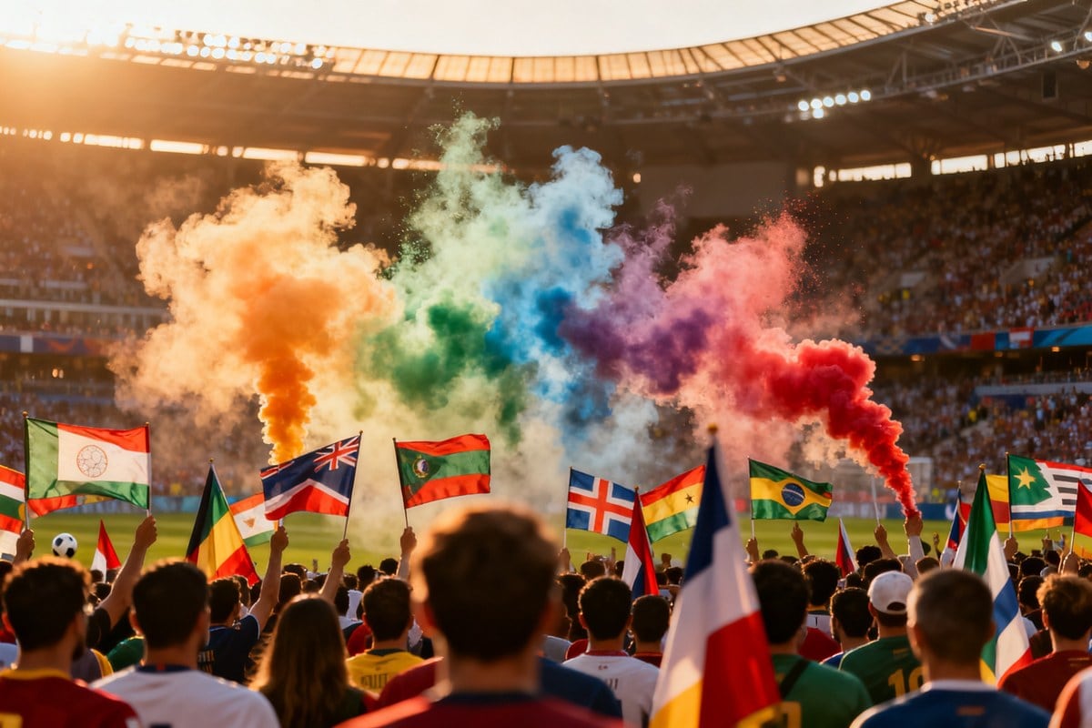 Foule dans un stade brandissant des drapeaux nationaux et de la fumée colorée