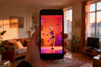 Un smartphone affiche une courte vidéo de danse animée aux couleurs vives dans un salon