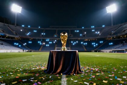 Trophée doré posé sur une table drapée au centre d'une pelouse jonchée de confettis, gradins vides éclairés la nuit