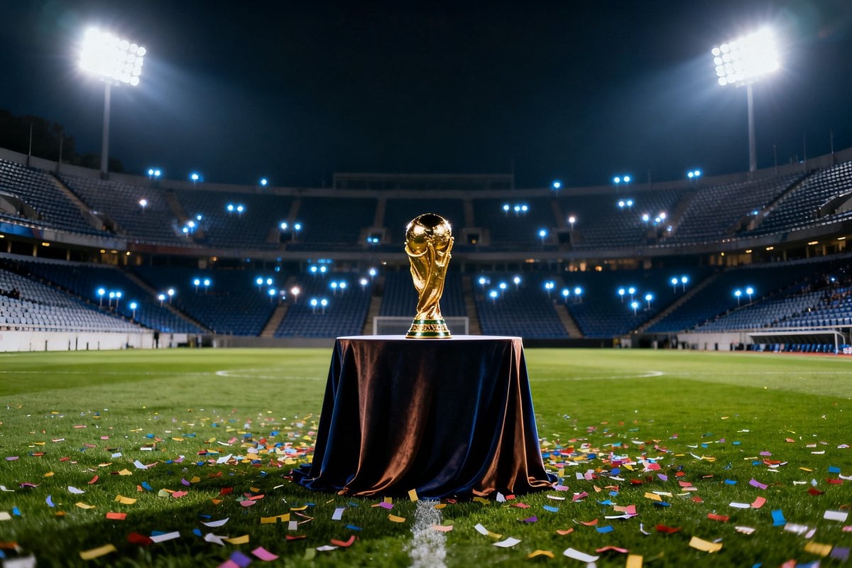 Trophée doré posé sur une table drapée au centre d'une pelouse jonchée de confettis, gradins vides éclairés la nuit