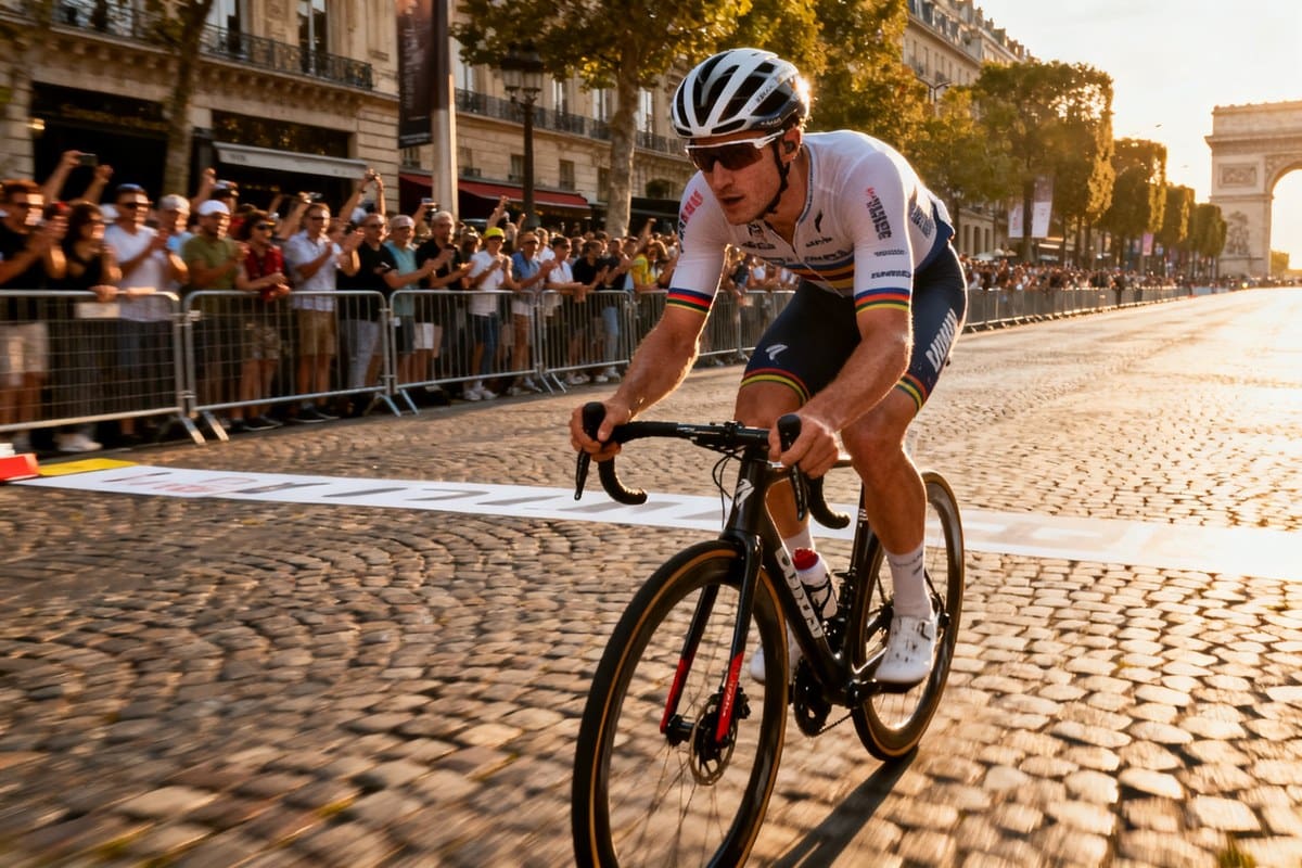 Un cycliste sprinte seul sur les pavés d'une avenue parisienne, l'Arc de Triomphe et la foule en arrière-plan