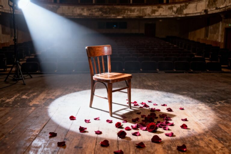 Chaise en bois vide sous un projecteur sur la scène d'un vieux théâtre, pétales de roses rouges au sol