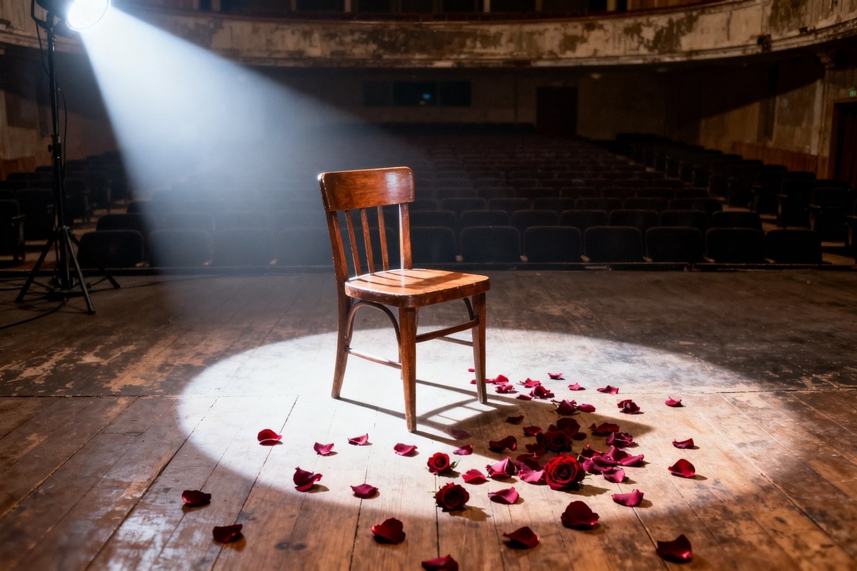 Chaise en bois vide sous un projecteur sur la scène d'un vieux théâtre, pétales de roses rouges au sol